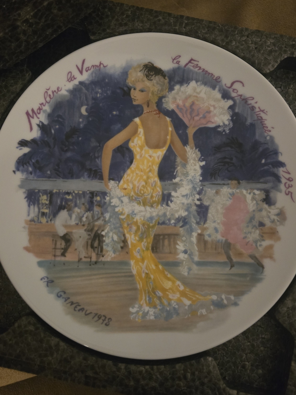 Vintage Decorative Plate with Yellow Evening Gown Illustration